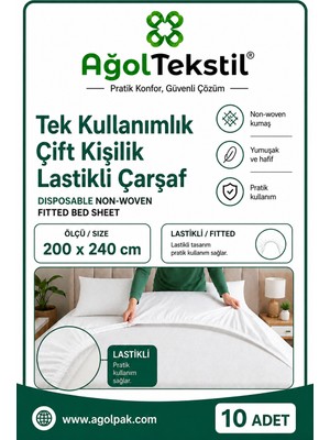 Ağol Tekstil Tek Kullanımlık Lastikli Çift Kişilik Çarşaf 200 x 240 cm 10 Adet Nonwoven Beyaz