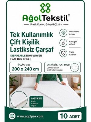 Ağol Tekstil Tek Kullanımlık Lastiksiz Çift Kişilik Çarşaf 200 x 240 cm 10 Adet Nonwoven Beyaz