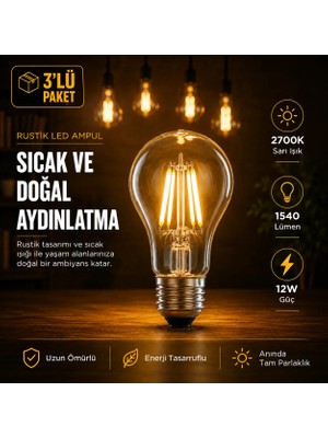 Repplam 12W Rustik LED Ampul Sarı Işık 1540 Lümen E27 Duylu Dekoratif Ampul Flamanlı