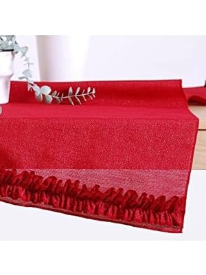 Simli Keten Runner Kırmızı Fırfırlı 45X150