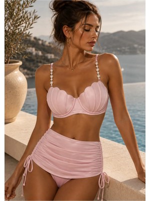 Pelius Pembe Deniz Kabuğu Inci Askılı Bikini ve Etekli Takım Geniş Kesim
