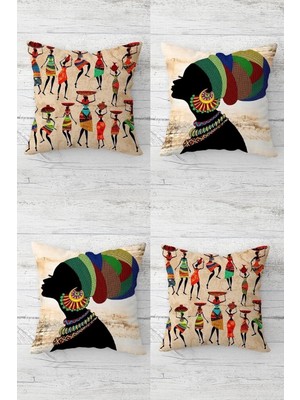 Afrikalı Kadın Desenli Etnik Bohem Gizli Fermuarlı Kırlent Kılıfı Koltuk Yastık Kılıfı TAKIM(4ADET), Bej-Renkli 43 x 43