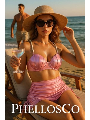 Pelius Deniz Kabuğu Bikini Takımı 3’lü | Geniş Kesim Hologram | Etekli Bikini & Inci Askılı | Yüksek Bel Mayo Takımı