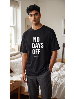 Lumora Store %100 Pamuk No Days Off Baskılı Unisex Oversize Tişört Siyah