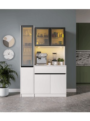 Macera Mobilya Lotus Midi Sol Vitrinli Kahve Köşesi Komple Mdf LED Mutfak Dolabı