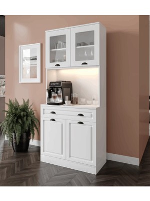 Macera Mobilya Luna 2 Kapaklı Kahve Köşesi  93 cm Mdf, LED Aydınlatmalı, Çok Amaçlı Mutfak ve Airfryer Dolabı