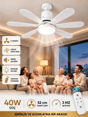 Moxti  40W Sessiz Çalışma 6 Fan 52CM Kanat ve Işıklı Uzaktan Kumandalı Tavan Tipi Vantilatör