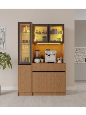 Macera Mobilya Bambu Midi Sol Vitrinli Komple Mdf LED Aydınlatmalı Kahve Köşesi