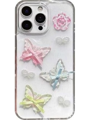 TeOra Store 3D Kelebekli Şeffaf Simli iPhone 13 Uyumlu / 14 Uyumlu Kılıf – Kamera Korumalı, Darbe Emici Silikon