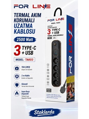 Siyah Forline 4 Soketli Type-C + 2 USB Girişli 2metre Kablolu Akım Korumalı Grup Priz