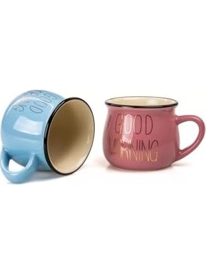 TeOra Store 2'li Emaye Görünümlü Porselen Kupa Seti Good Morning Gold Yazılı 150 Ml,pembe & Mavi