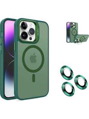 TeOra Store iPhone 16 Pro Max Kamera Korumalı Standlı Kılıf Magsafe ile Uyumlu Açılır Kamera Standlı Manyetik 16 Pro Max Kılıf + Lens Koruma Set Darbeye Karşı Korur (Dark Yeşil)
