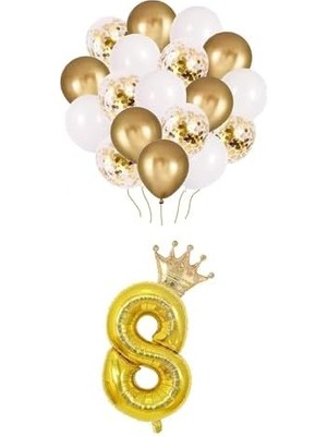 8 Rakam Gold Folyo Balon, Kral Tacı ve Konfetili Gold Balon