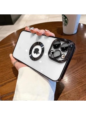 TeOra Store & Aksesuar iPhone 13 Pro Max ile Uyumlu Laser Şeffaf Parlak Arka Yüzey ve Logo Detaylı Kenarları Silikon Yapıya Sahip Lens Koruyuculu Kılıf (Siyah)