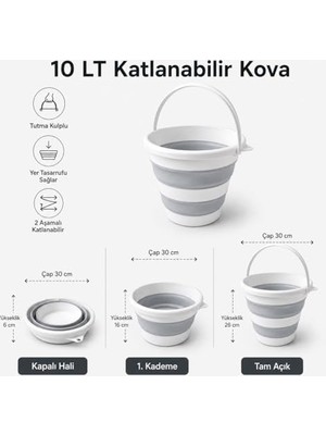 TeOra Store Katlanabilir Kova 10 Lt, 2 Aşamalı Silikon Katlanır Kova, Tutma Kulplu Yer Tasarruflu Çok Amaçlı Temizlik Kovası, Kamp Banyo Araç Yıkama Balkon Kullanımı, Gri Beyaz