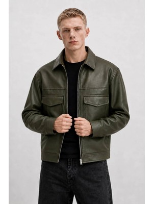 Ohepmoda Oversize Rahat Kalıp Cep Detaylı Erkek Deri Ceket