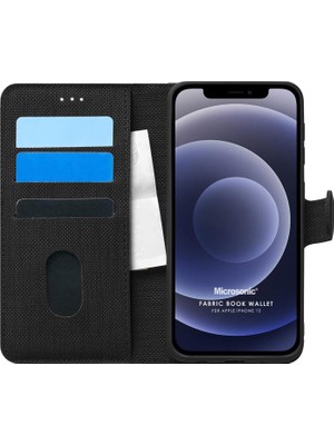 TeOra Store Apple iPhone 12 Için Kılıf Fabric Book Wallet Siyah [iphone 12 ile Uyumlu Kılıf - Siyah]