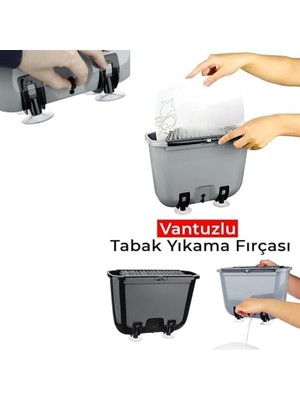 Wheat Grains Global Store Vantuzlu Tabak Yıkama Fırçası, Plastik, Gri, 29.7X13X21 Cm, 3 Litre Hacimli, Su Tasarruflu Bulaşık Yıkama Kabı, Vakumlu Ayaklı (Siyah)