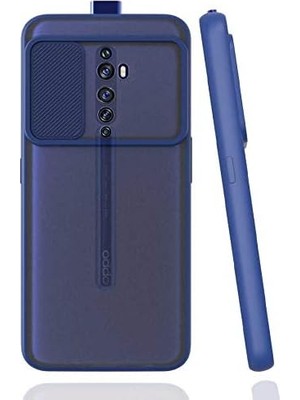 TeOra Store Oppo Reno 2z ile Uyumlu Kılıf Slayt Sürgülü Arkası Buzlu Lensi Kapak - Lacivert