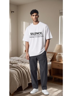 Lumora Store %100 Pamuk Silence Yazı Baskılı Unisex Oversize Tişört Beyaz