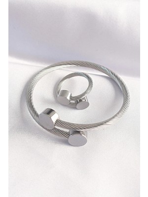 Inure Jewelry 316L Çelik Gümüş Renk Oval Aksesuarlı Burgu Model Bileklik ve Yüzük Kombini