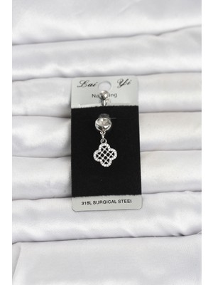 Inure Jewelry 316L Cerrahi Çelik Zirkon Taşlı Sallantılı Yonca Model Göbek Piercing