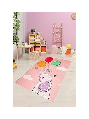 Mey İthalat Pelangi Fil Desenli Dijital Baskılı Kaymaz Taban Çocuk Odası Halısı, Pudra-Lacivert 100 x 100