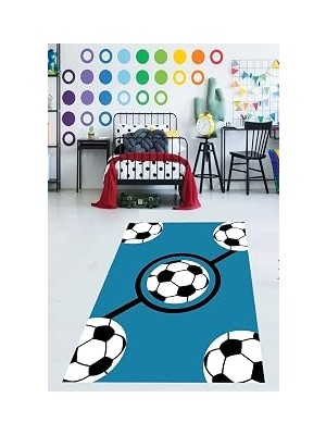 Mey İthalat Pelangi Futbol Topu Desenli Mavi Yıkanabilir Kaymaz Taban Leke Tutmaz Çocuk Odası Halısı, Mavi-Siyah-Beyaz 80 x 250, 9038680032280250