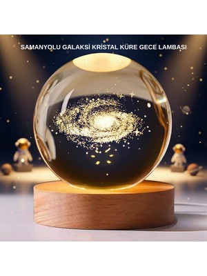 Die Grup Samanyolu Desenli Kristal Küre Ahşap Standlı Gün Işığı LED Masa Lambası
