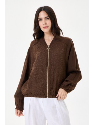 Della Moor Italyan %100 Keten Nakışlı Fermuarlı Düşük Kol Oversize Keten Bluz 38 - 44 Beden