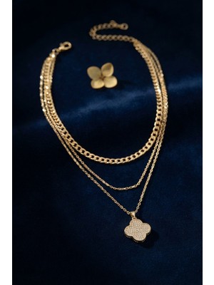 Inure Jewelry Gold Renk Pirinç Yonca Detaylı Kadın Kolye Kombini