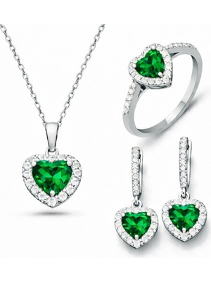 Inure Jewelry Gümüş Yeşil Taşlı Kalpli Kadın Set