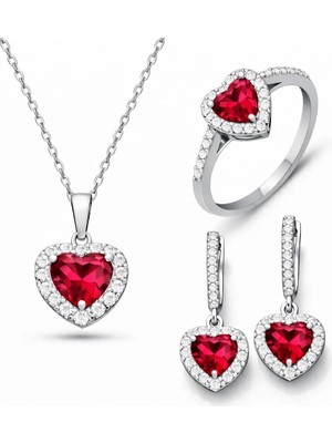 Inure Jewelry Gümüş Kırmızı Taşlı Kalpli Kadın Set