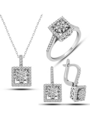 Inure Jewelry Gümüş Kare Zirkon Taşlı Kadın Set