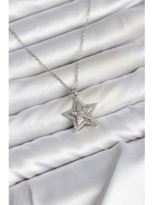 Inure Jewelry 316L Çelik Zincir Gümüş Renk Zirkon Taşlı Yıldız Model Kadın Kolye