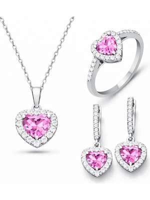 Inure Jewelry Gümüş Pembe Taşlı Kalpli Kadın Set