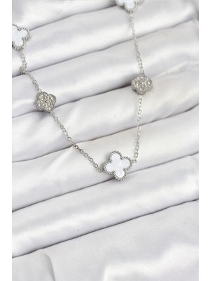 Inure Jewelry 316L Çelik Zincir Gümüş Renk Beyaz ve Zirkon Taşlı Yonca Kadın Kolye