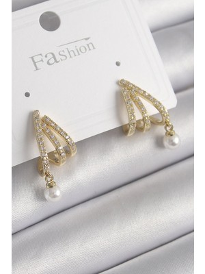 Inure Jewelry Pirinç Gold Renk Zirkon Taşlı Pençe Model İnci Detay Kadın Küpe