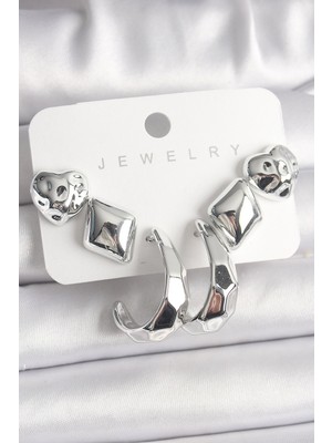 Inure Jewelry Gümüş Renk Kalp Halka Figür CCB Plastik Kadın Küpe Seti