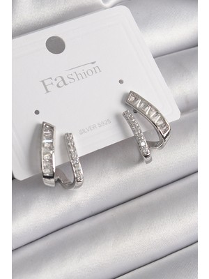 Inure Jewelry Pirinç Gümüş Renk Zirkon Taşlı Kadın Küpe