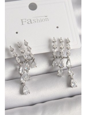 Inure Jewelry Pirinç Gümüş Renk Zirkon Taşlı Yağmur Model Kadın Küpe
