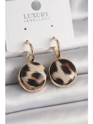 Inure Jewelry Pirinç Gold Renk Leopar Desenli Daire Model Kadın Küpe