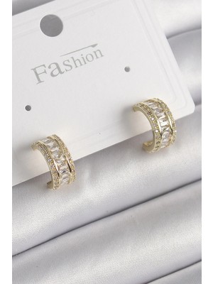 Inure Jewelry Pirinç Gold Renk Zirkon Taşlı Halka Model Kadın Küpe