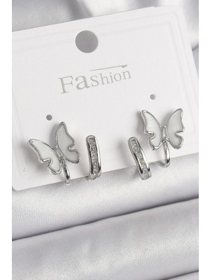 Inure Jewelry Pirinç Gümüş Renk Zirkon Taş Detaylı Beyaz Sedefli Kelebek Model Kadın Küpe