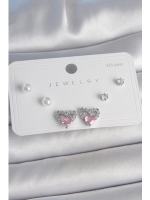 Inure Jewelry Pirinç Gümüş Renk Pembe Zirkon Taşlı Kalp Model İnci Detay 925 Ayar Gümüş Çivi Kadın Küpe Seti