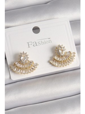 Inure Jewelry Pirinç Gold Renk Zirkon Taşlı Yelpaze Model Kadın Küpe