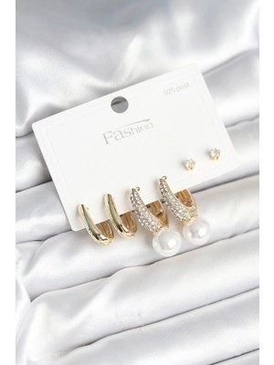 Inure Jewelry Pirinç Gold Renk Zirkon Taşlı İnci Detaylı 925 Ayar Gümüş Çivili Kadın Küpe Seti