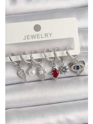 Inure Jewelry Pirinç Gümüş Renk Sallantı Zirkon Taşlı Fatma Ana El Figür Kadın Küpe Seti