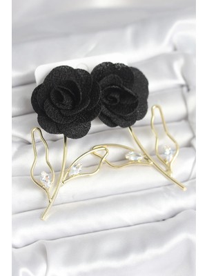 Inure Jewelry Pirinç Gold Renk Siyah Gül Model Kadın Küpe
