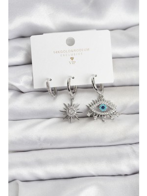 Inure Jewelry Göz Model Gümüş Renk Pirinç 3'lü Kadın Küpe Seti